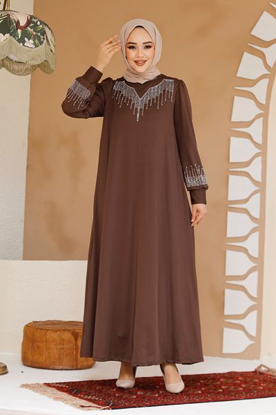 Neva Style Χάντρες Κεντημένο Καφέ Φόρεμα Hijab 23815KH