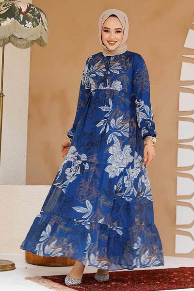 Neva Style Floral Patterned Indigo Blue Hijab Dress 22055Im