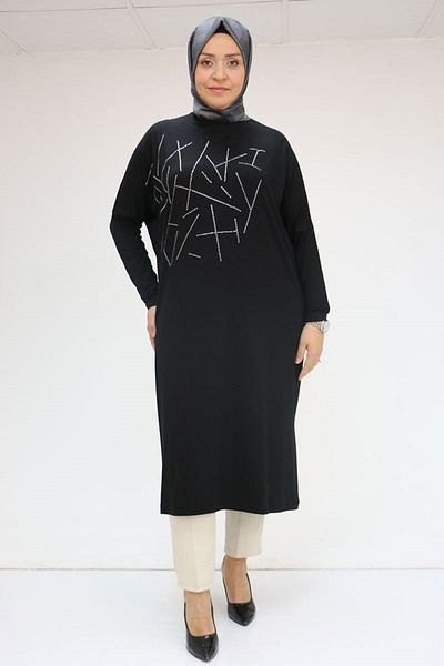 Eslina 58021 Large Size Stone Printed Combed Cotton Tunic - Black