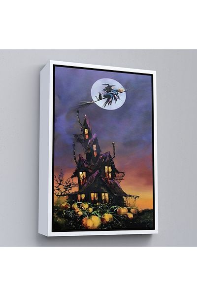 Harita Sepeti Vrăjitoarea zburătoare și pisica ei cu mătură cu cadru alb Halloween Helloven Pictură murală