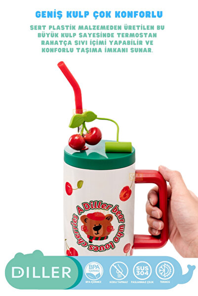 DILLER 1200ml Yeni Koleksiyon Sevimli Hayvanlar Tumbler Pipetli/Pipetsiz Kulplu Paslanmaz Çelik Termos