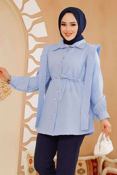 Neva Style Tunica Hijab Baby Blue cu detaliu brâu pe umeri 10131BM
