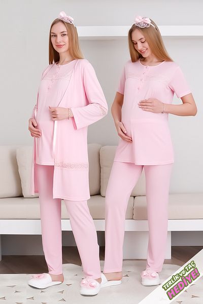 ERDENİZ TEKSTİL Maternity & Postpartum Pajama Set with Dressing Gown, Lace Detail and Buttoned Front / Slippers and Crown Gift