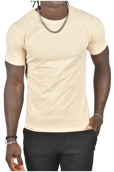 DeepSEA Κρεμ Ανδρικό/Unisex Slim Fit Στενή Λαιμόκοψη Βαμβακερό Λυκρα Basic Τι shirt 1801131