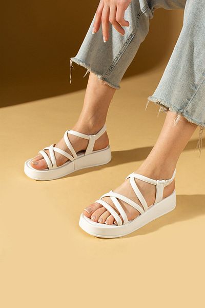 Pembe Potin Women's White Banded Comfortable Poly Sole Stylish Daily Sandals