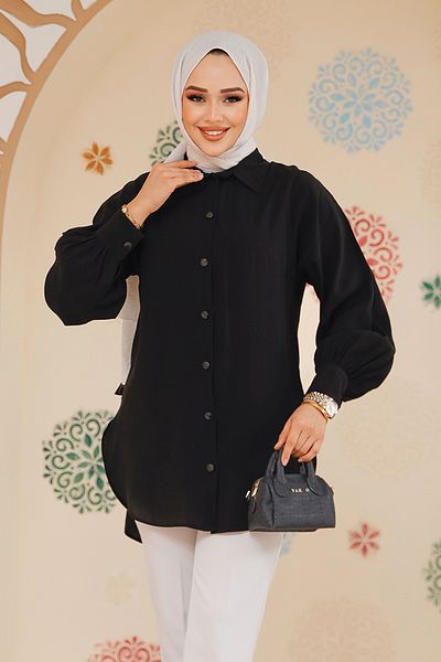 Neva Style تونيك حجاب أسود بأزرار 10059S