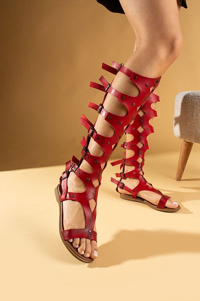 Pembe Potin Red Women's Gladiator Bodrum Sandals - Comfortable Fit and Handmade