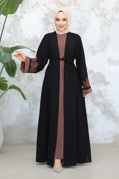 Neva Style Costum Abaya Hijab din nurcă neagră cu model de broderie 29128SKV