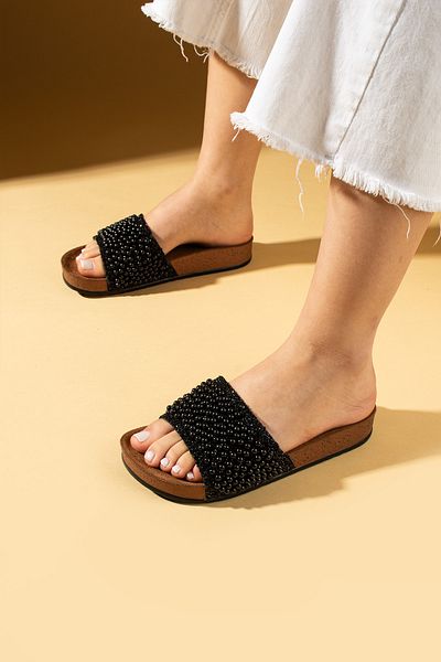 Pembe Potin New Season Women's Black Stone Anatomical Comfortable Sole Slippers