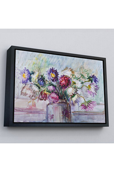 Harita Sepeti Crna uokvirena uljana slika cveta aster, dekorativna zidna slika