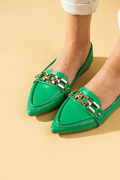 Pembe Potin Lightweight Ballerinas with Green Chain Buckle - Stylish Comfortable Daily Women's Shoes