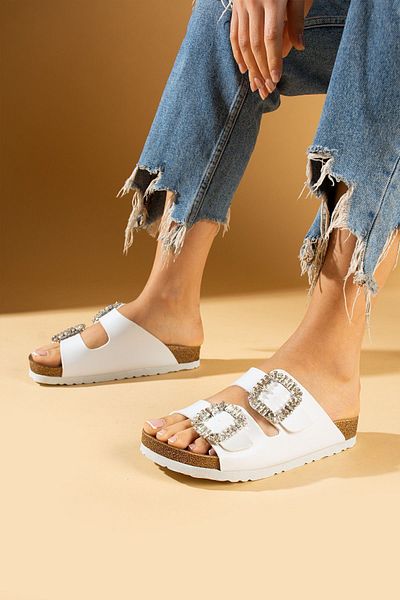 Pembe Potin Women's White Double Buckle Anatomical Comfortable Sole Stone Women's Slippers