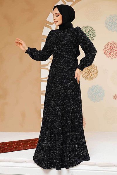 Neva Style Rochie neagră cu mărgele de piatră brodate 23882S
