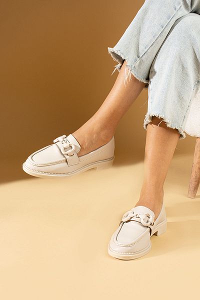 Pembe Potin Women's Beige Cream Loafer Moccasin Casual Buckle Daily Comfortable Sole Shoes