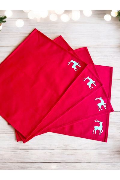 Atölye No 35 Tischsets Weihnachten, 4er Set Rot Gold Rentier-Stickerei, Abwaschbar 45x35 cm