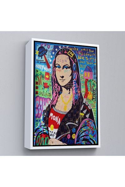 Harita Sepeti Pictură pe pânză Mona Lisa colorată Banksy cu cadru alb, Pop Art, Street Art, Pictură pe pânză