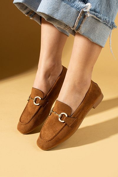 Pembe Potin Women's Ballerinas Brown Suede Buckle Lightweight Comfortable Sole Stylish Casual Shoes