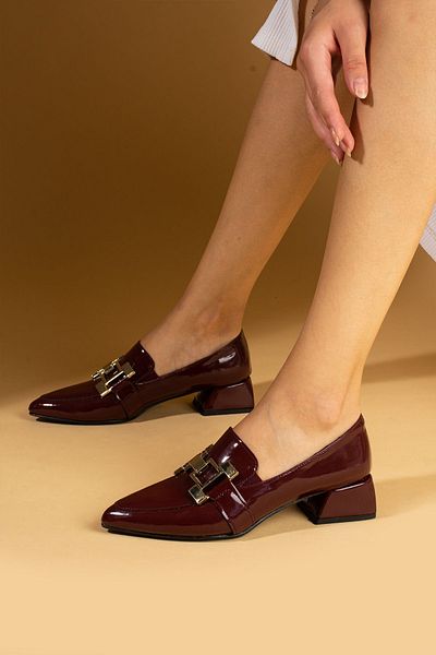 Pembe Potin Burgundy Patent Leather Buckle Stylish Classic Women's Heeled Shoes