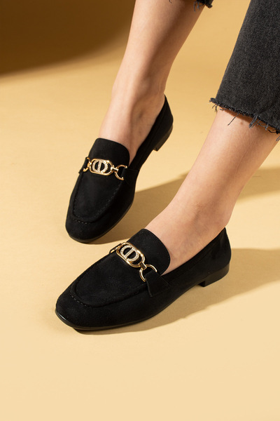 Pembe Potin Women's Ballerinas Black Suede Buckle Lightweight Comfortable Sole Stylish Casual Shoes