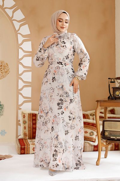 Neva Style Rochie Hijab Bej Motiv Floral
