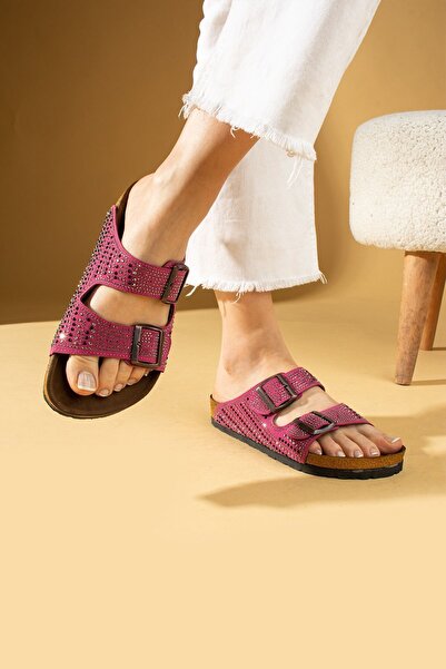 Pembe Potin Women's Fusya Double Buckle Studded Anatomical Comfortable Sole Women's Slippers Sandals