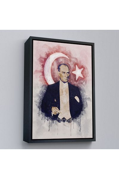 Harita Sepeti Διακοσμητικός πίνακας σε καμβά με χρυσό πλαίσιο Mustafa Kemal Atatürk και τουρκική σημαία με εμφάνιση ακουαρέλας