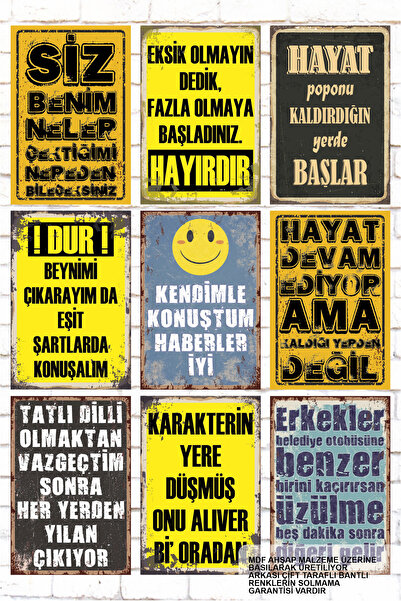 Hayat Poster Set de 9 bucăți de tablă din lemn cu scris mixt, motivațional, amuzant, scriere murală