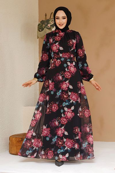 Neva Style Rochie neagră cu hijab cu imprimeu floral 27965S