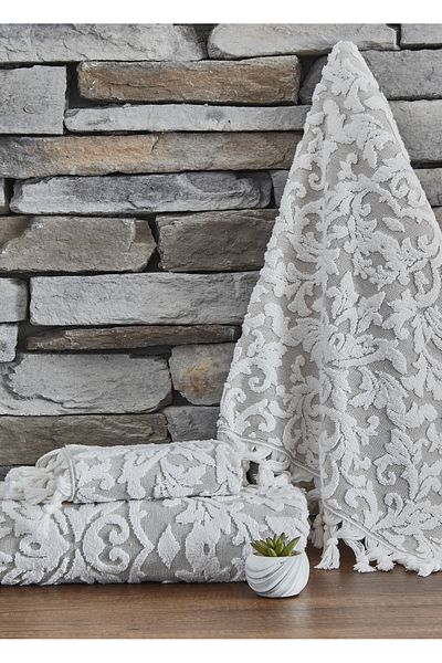 Dantela Kod-9900 Jacquard Cotton Bath Towel Set 3 Pieces - Cream