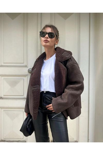 moda armanc Друго горчиво кафяво текстурирано велурено плюшено палто от вътрешната страна на огромен модел Zr