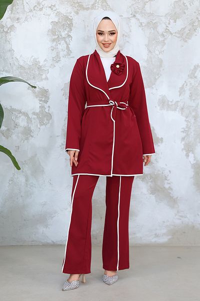Neva Style بدلة حجاب حمراء كلاريت مع سترة 40051BR