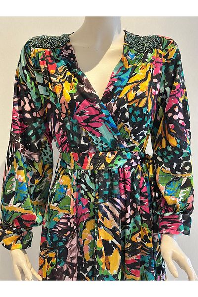 GARNİ Floral Patterned Satin Dress with Elastic Beads and Ankle and Waist Detail