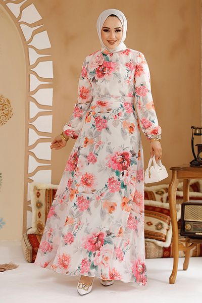 Neva Style Rochie Hijab Roz Albă Cu Motiv Floral 27962BP
