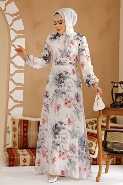 Neva Style Φόρεμα Hijab Λευκό Γκρι με Λουλούδια 27962BGR