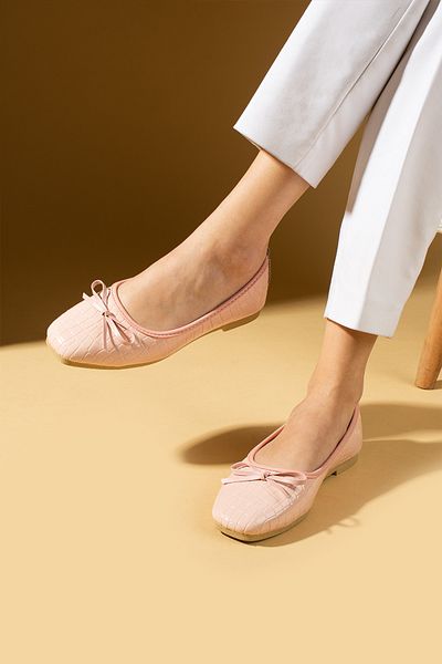 Pembe Potin Women's Ballerina Powder Croco Bow Lightweight Comfortable Sole Stylish Casual Shoes