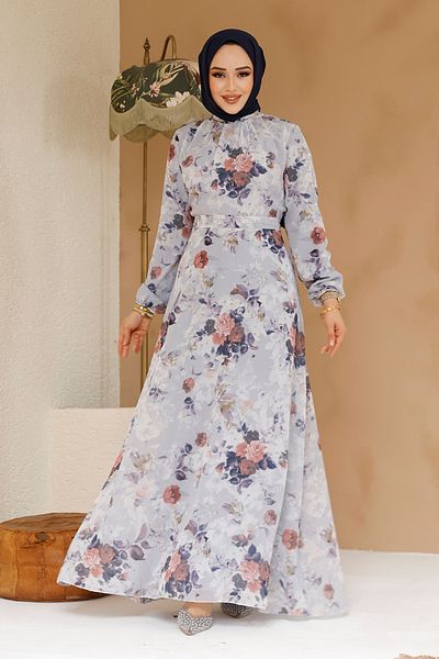 Neva Style فستان حجاب رمادي منقوش بالزهور 27961GR
