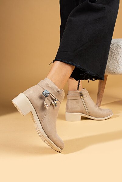 Pembe Potin Kadın Bej Süet Poli Taban Fermuarlı Tokalı Günlük Rahat Kalıp İçi Sıcak Astarlı Bot