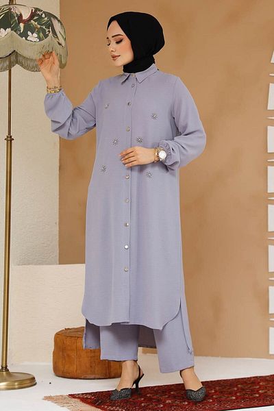 Neva Style طقم حجاب رمادي مزدوج مزين بالخرز 12082GR