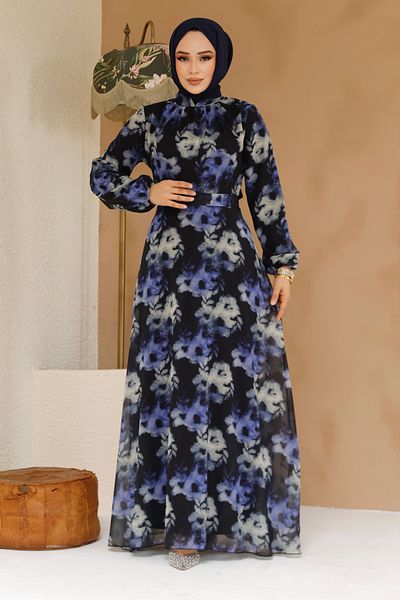 Neva Style Floral Patterned Black Hijab Dress 27982S