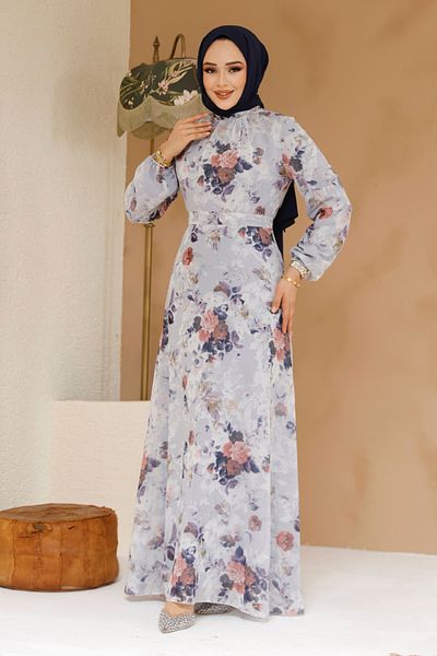 Neva Style Rochie hijab gri cu modele florale 27961GR