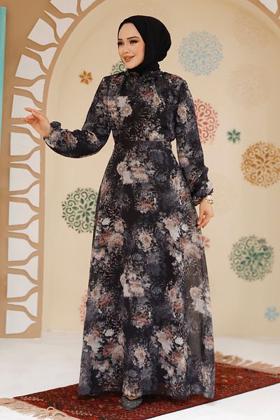 Neva Style فستان حجاب أسود منقوش بالزهور 27967S