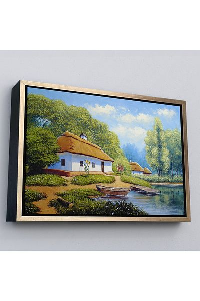 Harita Sepeti Peisaj de casă de sat ucraineană în cadru de aur Vizualizare pictură murală decorativă pe pânză