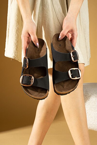 Pembe Potin Black Black Unisex Orthopedic Sole Slippers Double Banded Buckle Daily Comfortable Slippers