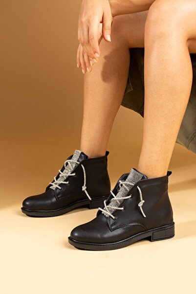 Pembe Potin Kadın Siyah Poli Taban Taşlı Bağcıklı Günlük Rahat Kalıp İçi Sıcak Astarlı Bot