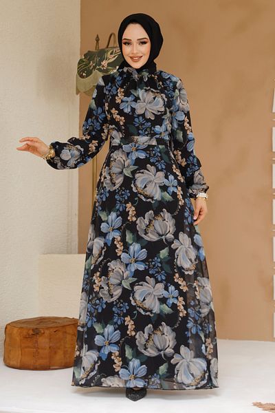 Neva Style Floral Patterned Black Hijab Dress 27971S