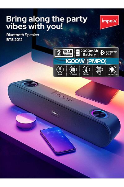 İMPEX مكبر صوت بلوتوث بقوة 1600 واط PMPO، بطارية 2000 مللي أمبير، بلوتوث 5.3، أضواء RGB