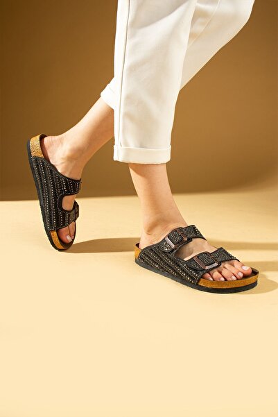 Pembe Potin Black Double Buckle Studded Anatomical Women's Slippers Sandals - Comfortable Sole