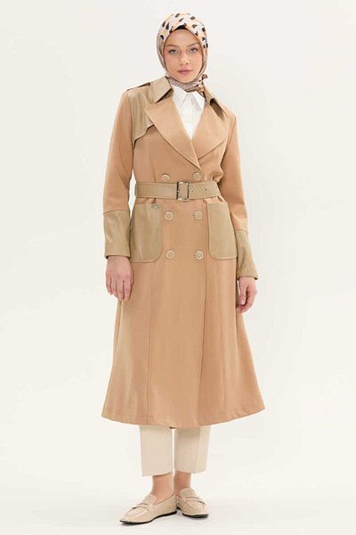 Setrms Leather Mixed Stylish Detailed Belted Top Coat