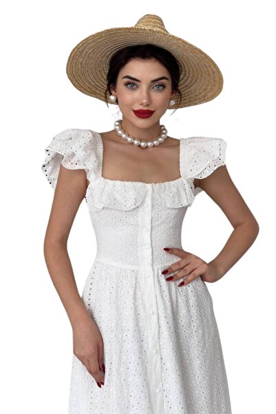 Moda Amore Γυναικείο βραδινό φόρεμα Fisto - Τετράγωνο γιακά με κοντό μανίκι μπροστινό κουμπί με λεπτομέρεια Midi μήκος 161