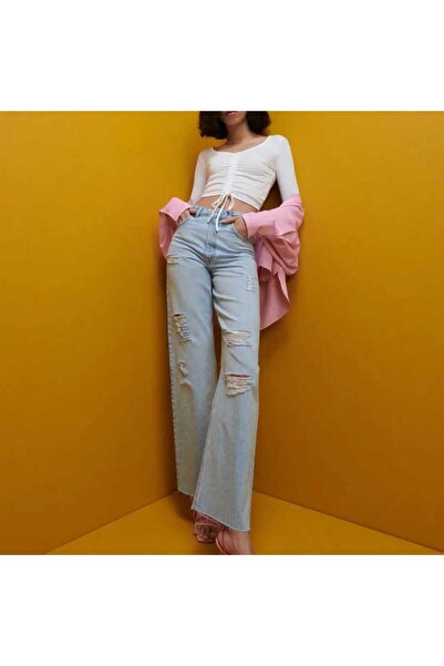 ESCBUTİK Жіноча блуза з V-подібним вирізом, довгими рукавами та збірками спереду